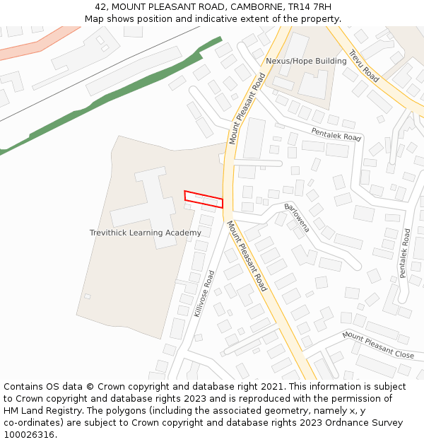 42, MOUNT PLEASANT ROAD, CAMBORNE, TR14 7RH: Location map and indicative extent of plot