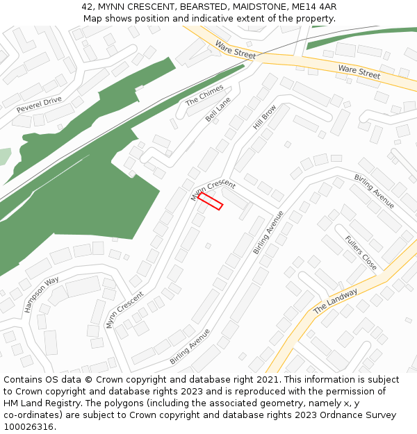 42, MYNN CRESCENT, BEARSTED, MAIDSTONE, ME14 4AR: Location map and indicative extent of plot