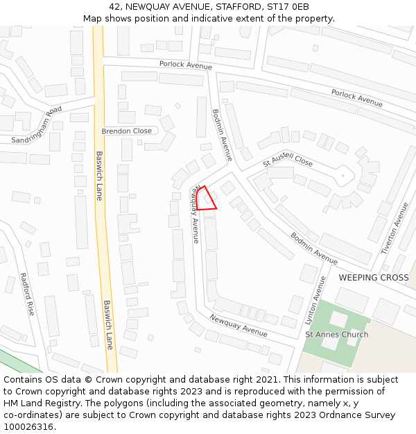 42, NEWQUAY AVENUE, STAFFORD, ST17 0EB: Location map and indicative extent of plot