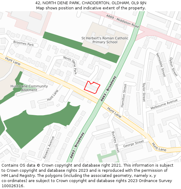 42, NORTH DENE PARK, CHADDERTON, OLDHAM, OL9 9JN: Location map and indicative extent of plot