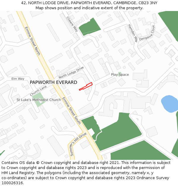 42, NORTH LODGE DRIVE, PAPWORTH EVERARD, CAMBRIDGE, CB23 3NY: Location map and indicative extent of plot