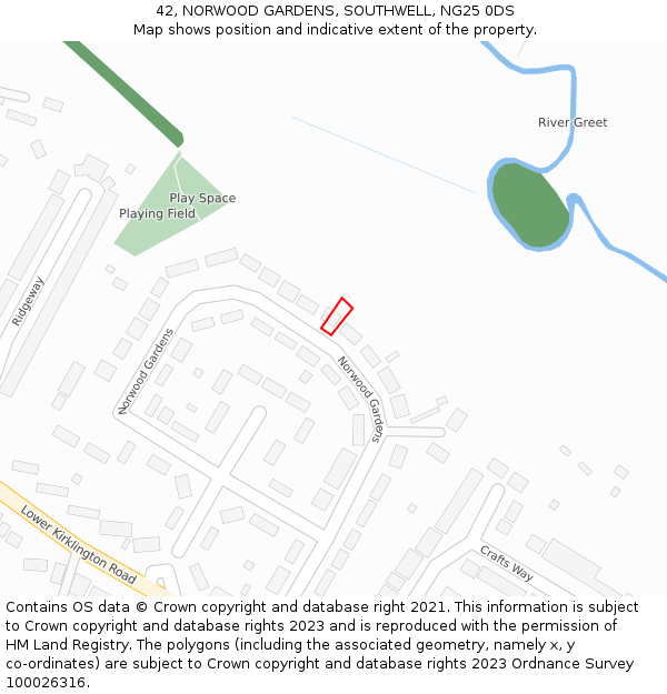 42, NORWOOD GARDENS, SOUTHWELL, NG25 0DS: Location map and indicative extent of plot