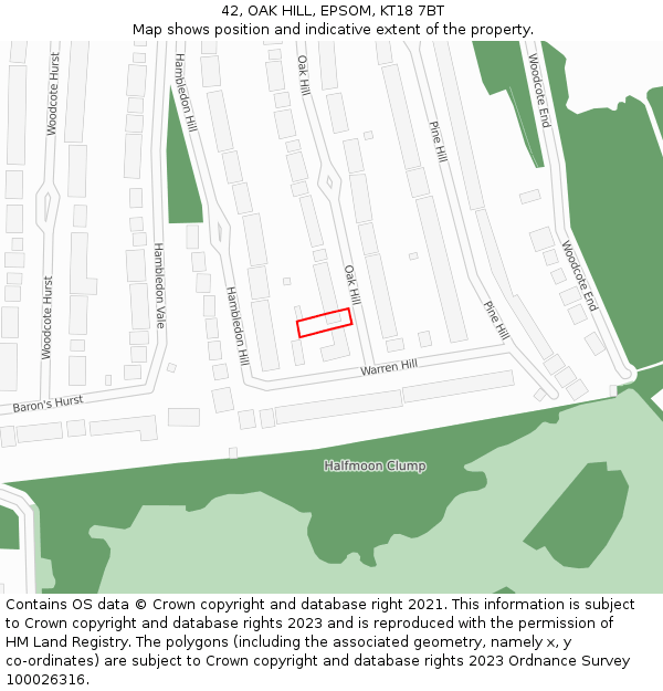 42, OAK HILL, EPSOM, KT18 7BT: Location map and indicative extent of plot