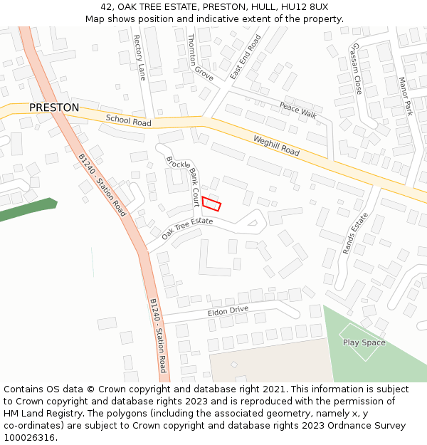 42, OAK TREE ESTATE, PRESTON, HULL, HU12 8UX: Location map and indicative extent of plot