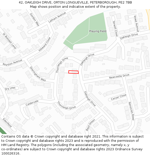 42, OAKLEIGH DRIVE, ORTON LONGUEVILLE, PETERBOROUGH, PE2 7BB: Location map and indicative extent of plot