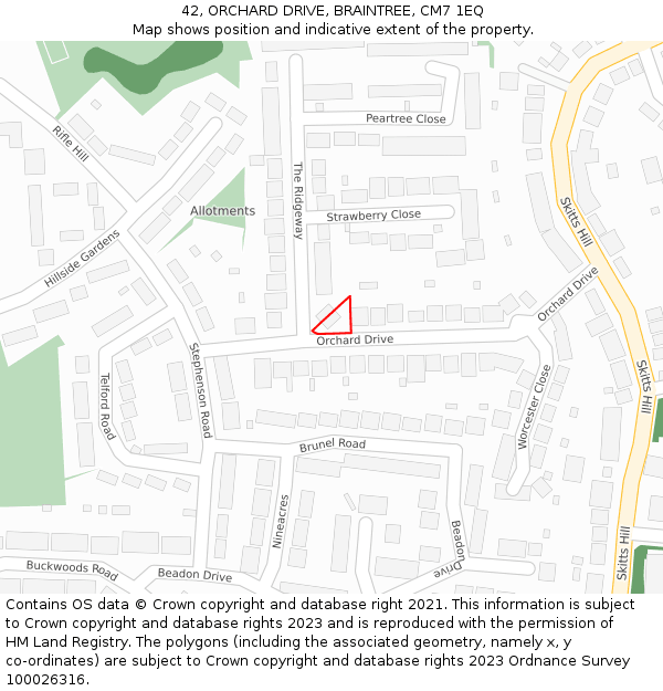 42, ORCHARD DRIVE, BRAINTREE, CM7 1EQ: Location map and indicative extent of plot