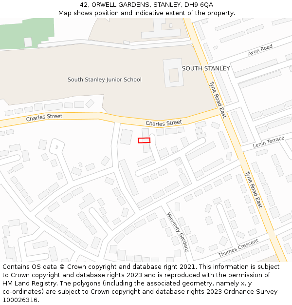 42, ORWELL GARDENS, STANLEY, DH9 6QA: Location map and indicative extent of plot