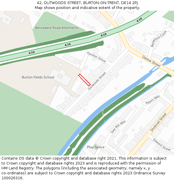 42, OUTWOODS STREET, BURTON-ON-TRENT, DE14 2PJ: Location map and indicative extent of plot