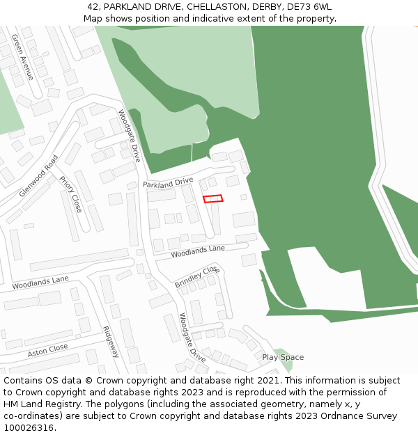 42, PARKLAND DRIVE, CHELLASTON, DERBY, DE73 6WL: Location map and indicative extent of plot