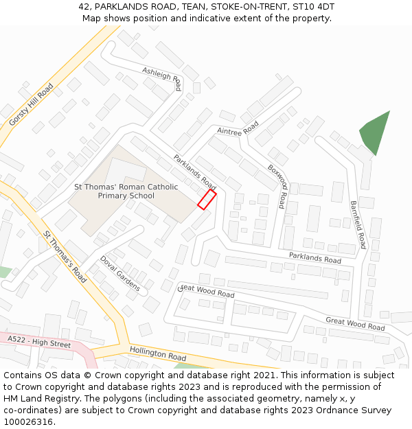 42, PARKLANDS ROAD, TEAN, STOKE-ON-TRENT, ST10 4DT: Location map and indicative extent of plot