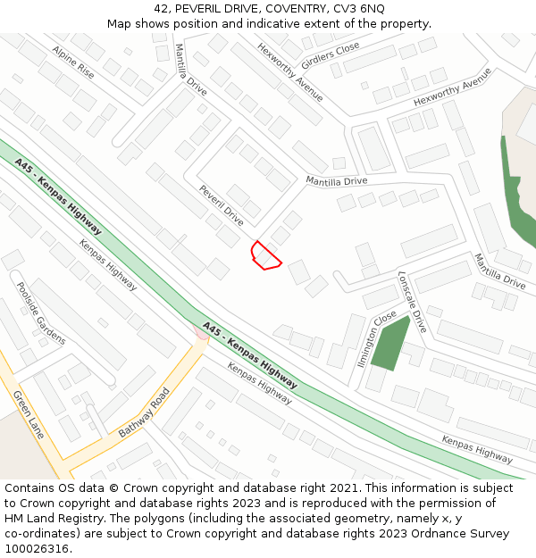 42, PEVERIL DRIVE, COVENTRY, CV3 6NQ: Location map and indicative extent of plot