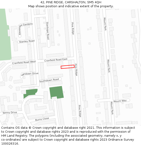 42, PINE RIDGE, CARSHALTON, SM5 4QH: Location map and indicative extent of plot