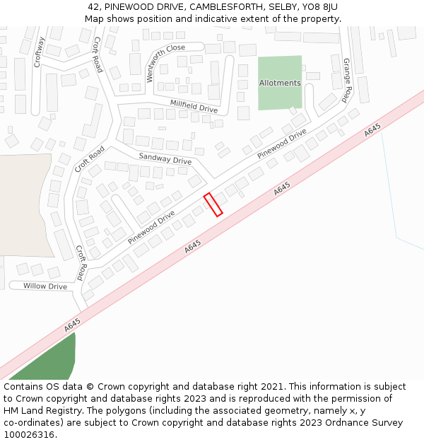 42, PINEWOOD DRIVE, CAMBLESFORTH, SELBY, YO8 8JU: Location map and indicative extent of plot