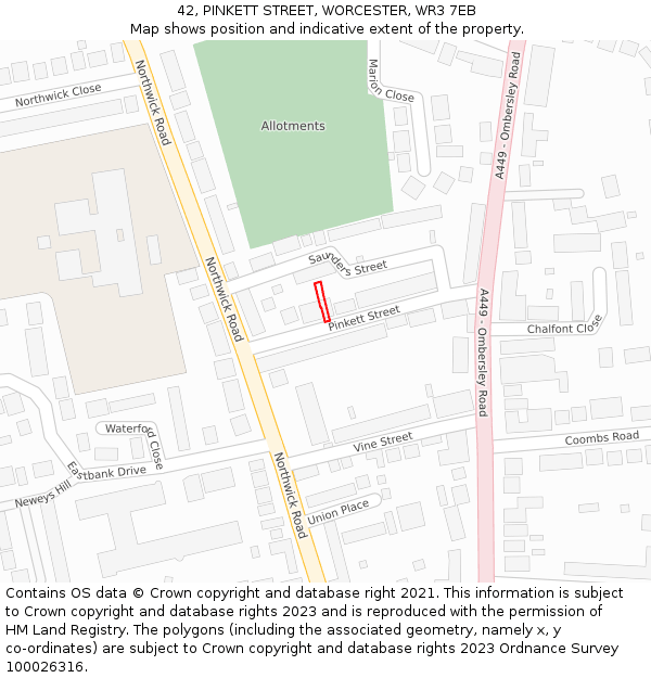 42, PINKETT STREET, WORCESTER, WR3 7EB: Location map and indicative extent of plot