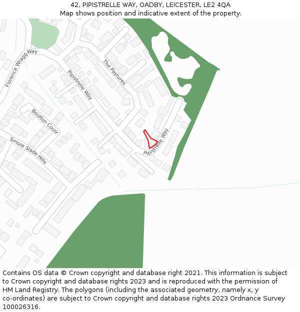 42, PIPISTRELLE WAY, OADBY, LEICESTER, LE2 4QA: Location map and indicative extent of plot