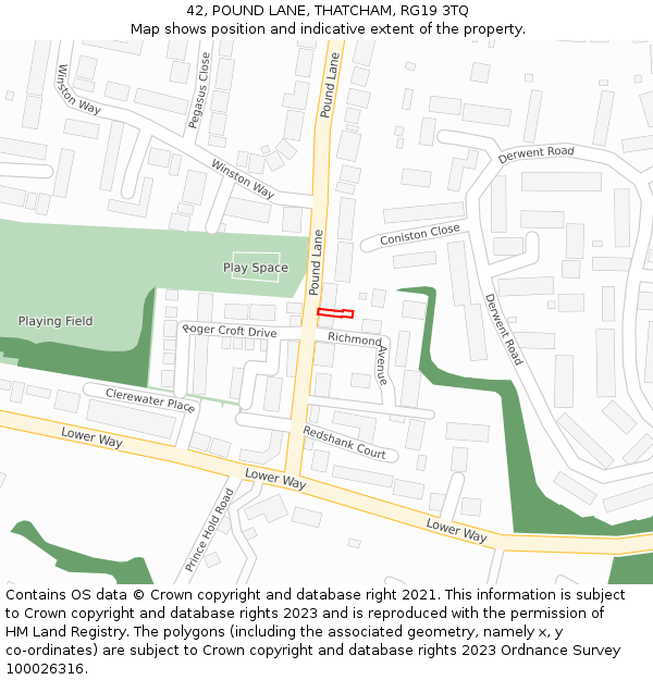 42, POUND LANE, THATCHAM, RG19 3TQ: Location map and indicative extent of plot