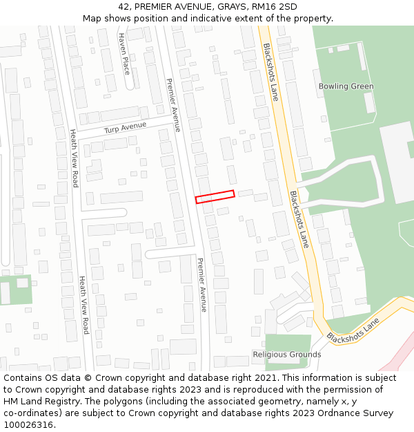 42, PREMIER AVENUE, GRAYS, RM16 2SD: Location map and indicative extent of plot