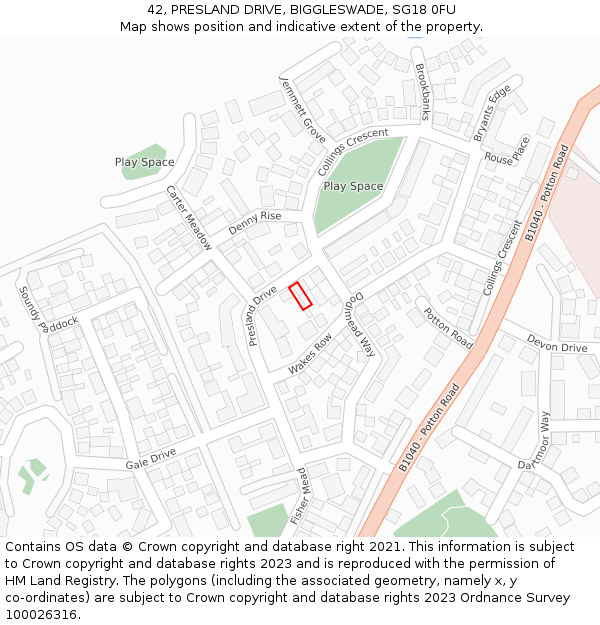 42, PRESLAND DRIVE, BIGGLESWADE, SG18 0FU: Location map and indicative extent of plot