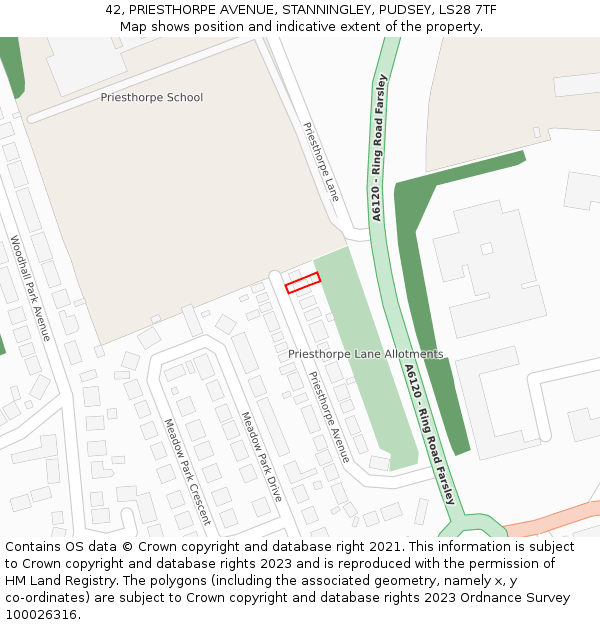 42, PRIESTHORPE AVENUE, STANNINGLEY, PUDSEY, LS28 7TF: Location map and indicative extent of plot