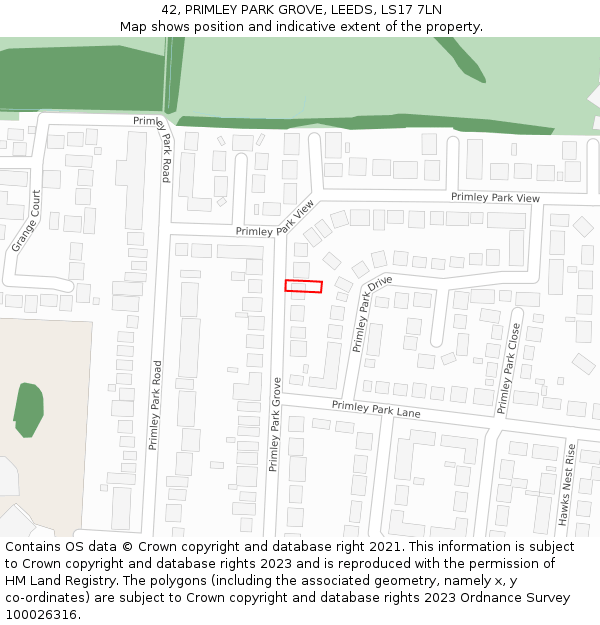 42, PRIMLEY PARK GROVE, LEEDS, LS17 7LN: Location map and indicative extent of plot