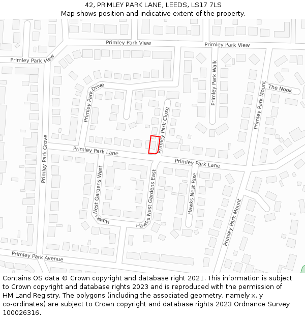 42, PRIMLEY PARK LANE, LEEDS, LS17 7LS: Location map and indicative extent of plot
