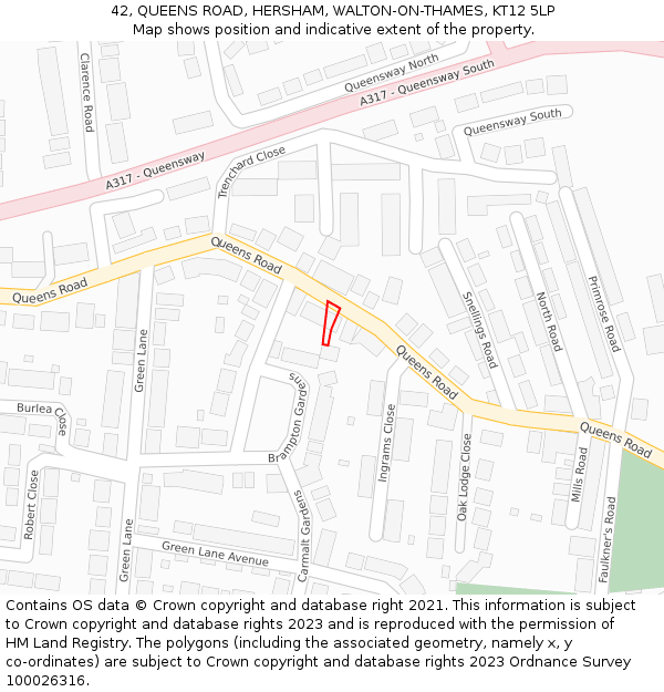 42, QUEENS ROAD, HERSHAM, WALTON-ON-THAMES, KT12 5LP: Location map and indicative extent of plot