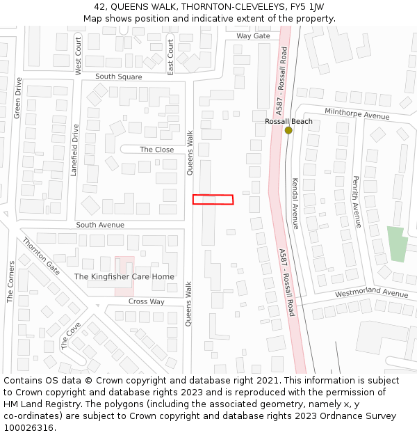 42, QUEENS WALK, THORNTON-CLEVELEYS, FY5 1JW: Location map and indicative extent of plot