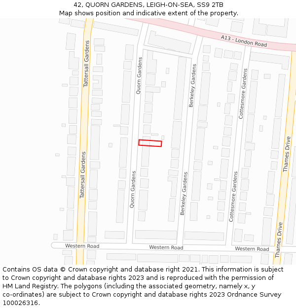 42, QUORN GARDENS, LEIGH-ON-SEA, SS9 2TB: Location map and indicative extent of plot