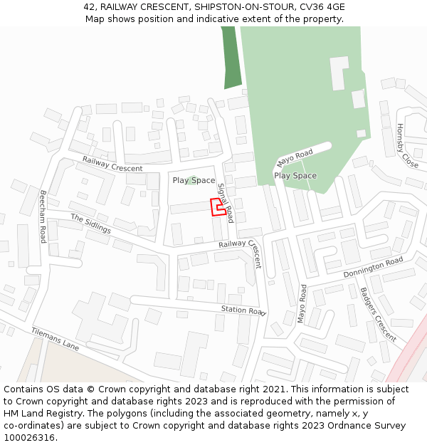42, RAILWAY CRESCENT, SHIPSTON-ON-STOUR, CV36 4GE: Location map and indicative extent of plot