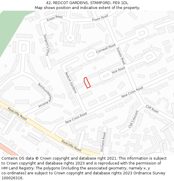 42, REDCOT GARDENS, STAMFORD, PE9 1DL: Location map and indicative extent of plot