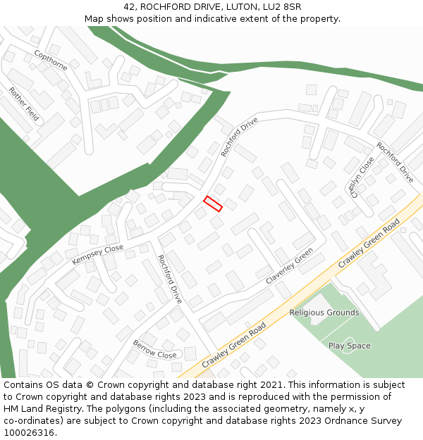 42, ROCHFORD DRIVE, LUTON, LU2 8SR: Location map and indicative extent of plot