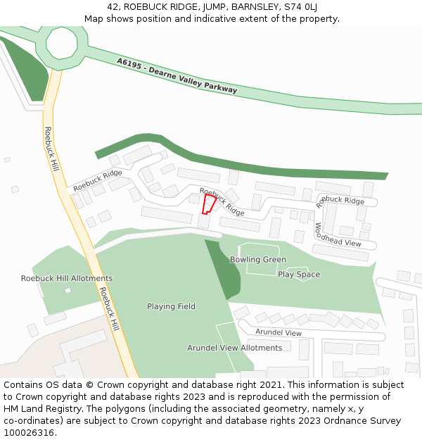 42, ROEBUCK RIDGE, JUMP, BARNSLEY, S74 0LJ: Location map and indicative extent of plot