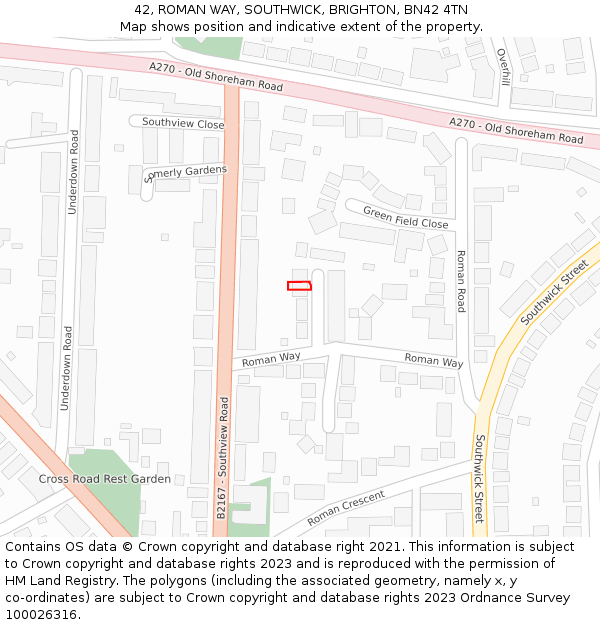 42, ROMAN WAY, SOUTHWICK, BRIGHTON, BN42 4TN: Location map and indicative extent of plot
