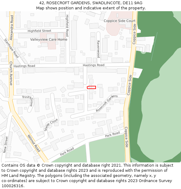 42, ROSECROFT GARDENS, SWADLINCOTE, DE11 9AG: Location map and indicative extent of plot