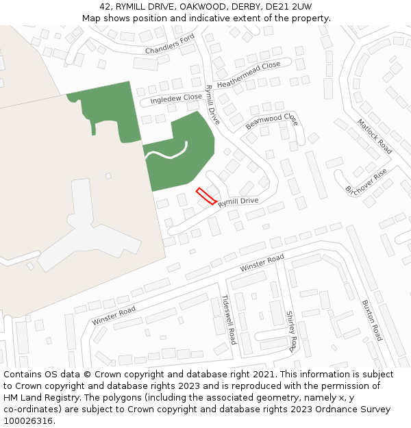 42, RYMILL DRIVE, OAKWOOD, DERBY, DE21 2UW: Location map and indicative extent of plot