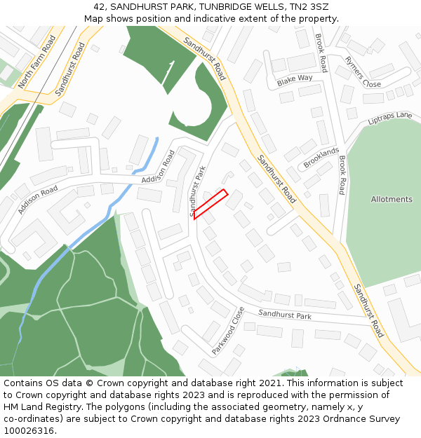 42, SANDHURST PARK, TUNBRIDGE WELLS, TN2 3SZ: Location map and indicative extent of plot