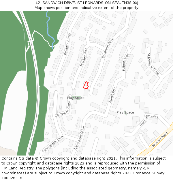 42, SANDWICH DRIVE, ST LEONARDS-ON-SEA, TN38 0XJ: Location map and indicative extent of plot