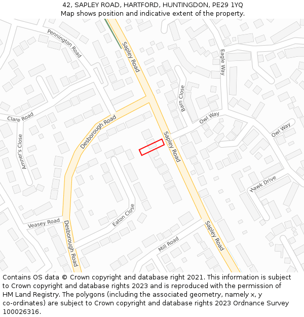 42, SAPLEY ROAD, HARTFORD, HUNTINGDON, PE29 1YQ: Location map and indicative extent of plot