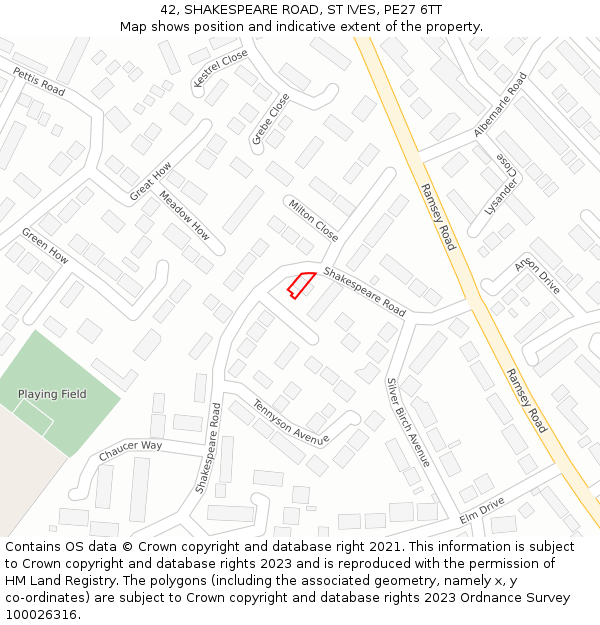 42, SHAKESPEARE ROAD, ST IVES, PE27 6TT: Location map and indicative extent of plot
