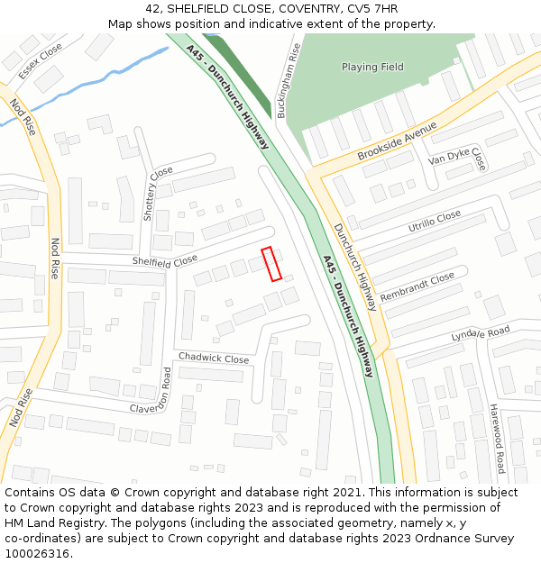 42, SHELFIELD CLOSE, COVENTRY, CV5 7HR: Location map and indicative extent of plot