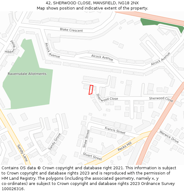 42, SHERWOOD CLOSE, MANSFIELD, NG18 2NX: Location map and indicative extent of plot