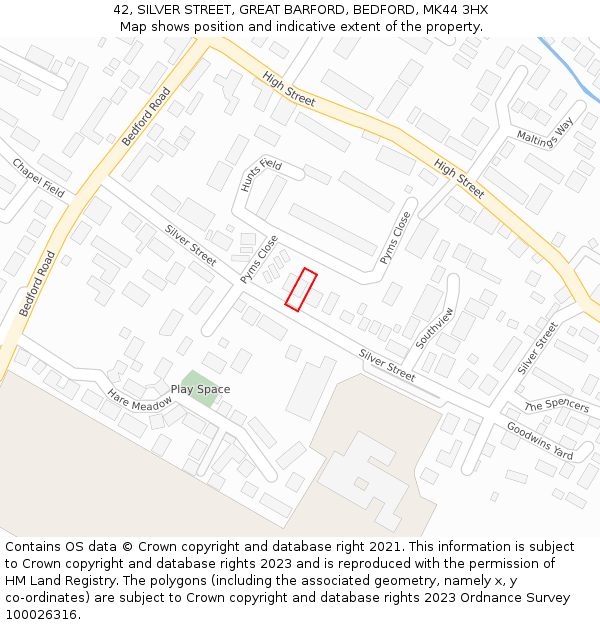 42, SILVER STREET, GREAT BARFORD, BEDFORD, MK44 3HX: Location map and indicative extent of plot