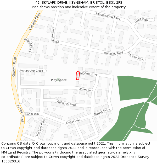42, SKYLARK DRIVE, KEYNSHAM, BRISTOL, BS31 2FS: Location map and indicative extent of plot