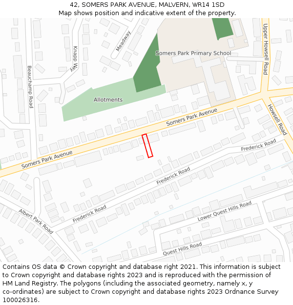 42, SOMERS PARK AVENUE, MALVERN, WR14 1SD: Location map and indicative extent of plot