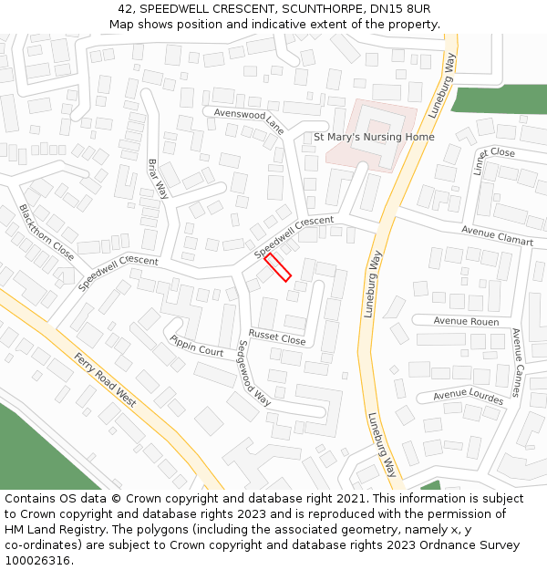 42, SPEEDWELL CRESCENT, SCUNTHORPE, DN15 8UR: Location map and indicative extent of plot