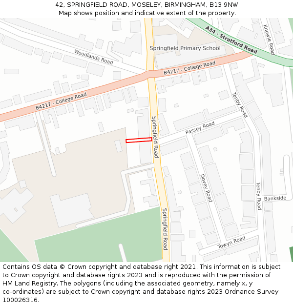 42, SPRINGFIELD ROAD, MOSELEY, BIRMINGHAM, B13 9NW: Location map and indicative extent of plot