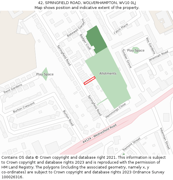 42, SPRINGFIELD ROAD, WOLVERHAMPTON, WV10 0LJ: Location map and indicative extent of plot