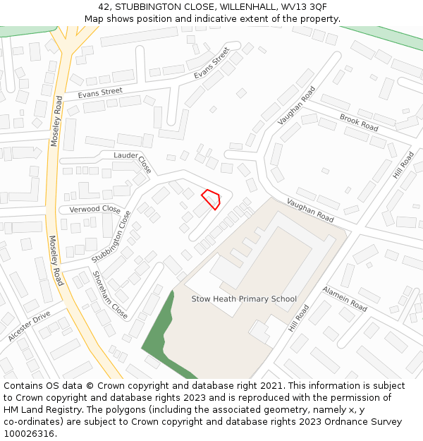 42, STUBBINGTON CLOSE, WILLENHALL, WV13 3QF: Location map and indicative extent of plot