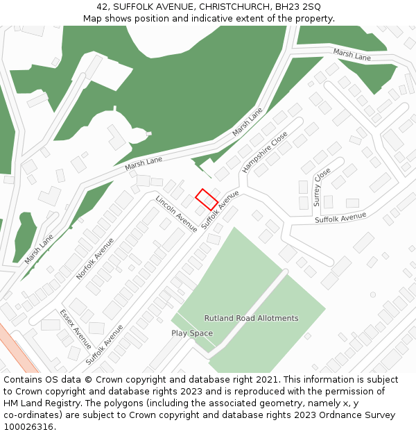 42, SUFFOLK AVENUE, CHRISTCHURCH, BH23 2SQ: Location map and indicative extent of plot