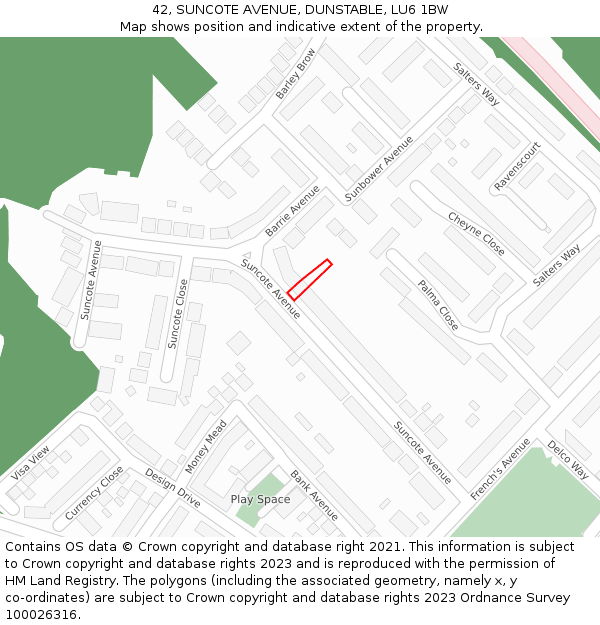 42, SUNCOTE AVENUE, DUNSTABLE, LU6 1BW: Location map and indicative extent of plot